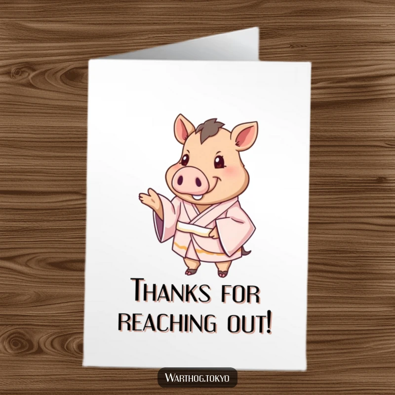 Funny Free Printable Thank You Card: Warthog wearing a silken kimono, extending a paw to say thank you.