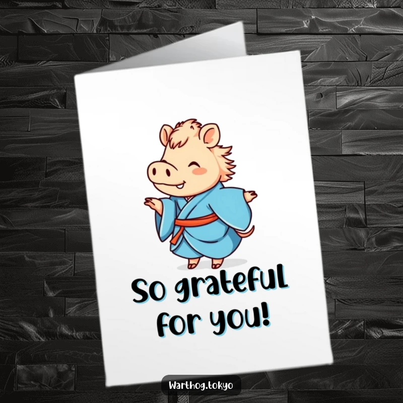 Funny Free Printable Warthog Thank You Card: A happy warthog in a blue kimono twirling, perfect for expressing thanks.