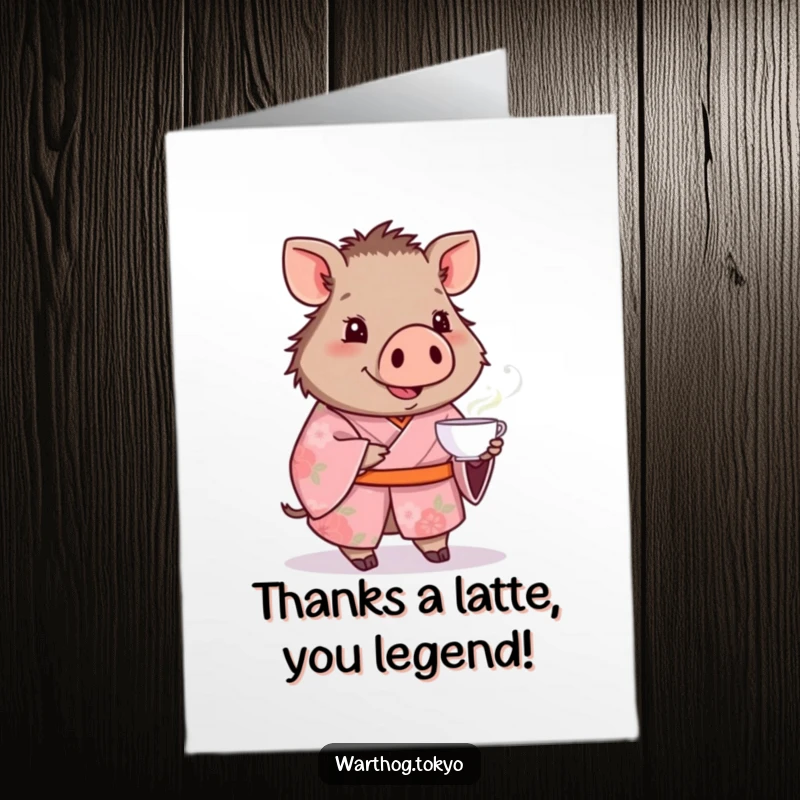 Funny Free Printable Warthog Thank You Card: Warthog in a pink floral kimono offers a teacup, conveying thanks with grace.