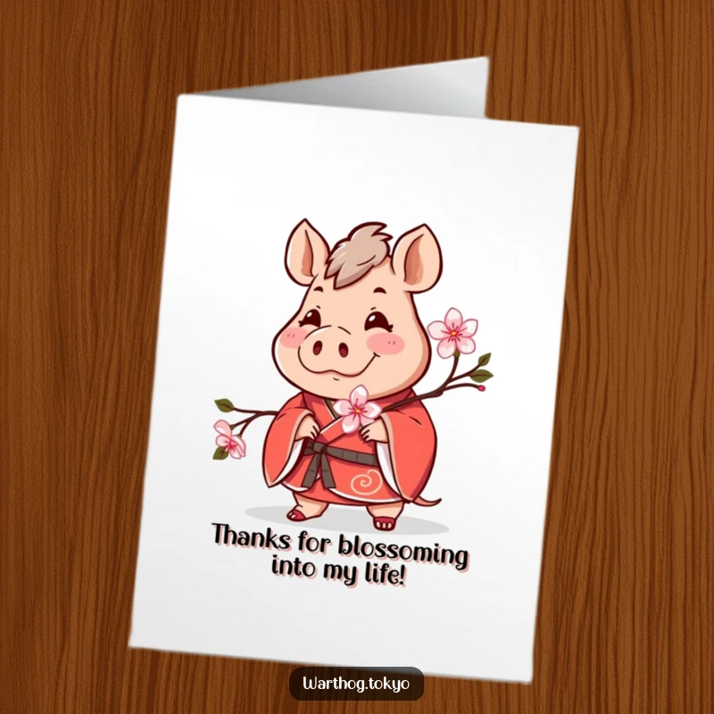 Funny Free Printable Warthog Thank You Card: Cheerful warthog in a red kimono holding a blooming cherry blossom, saying thanks.