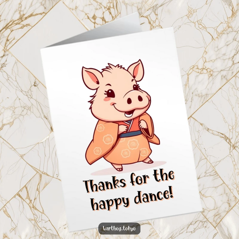 Funny Free Printable Thank You Card: Warthog in a traditional kimono doing a subtle, happy shuffle to show thanks.
