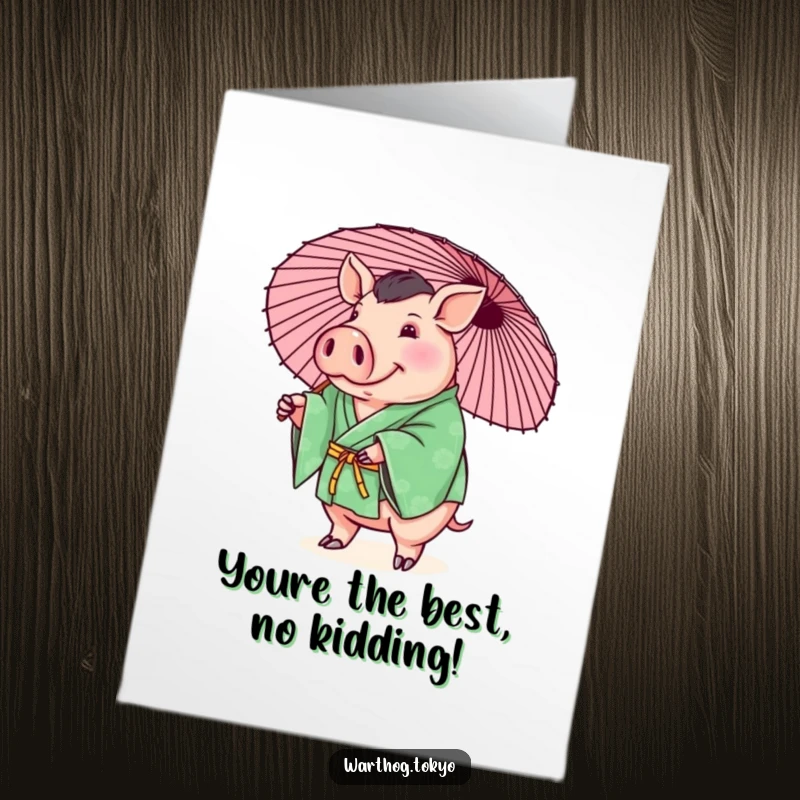 Funny Free Printable Warthog Thank You Card: Plump warthog in a green kimono playfully balancing a parasol, expressing thanks.