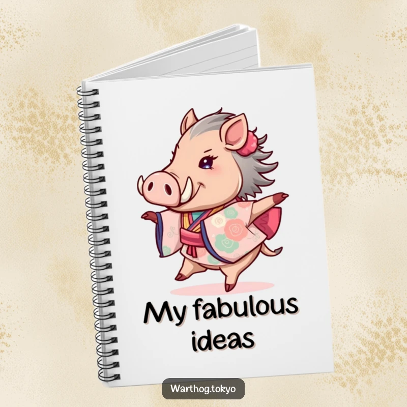 Funny notebook with a warthog in a festive kimono, captured mid-twirl, perfect for jotting down funny thoughts and ideas.