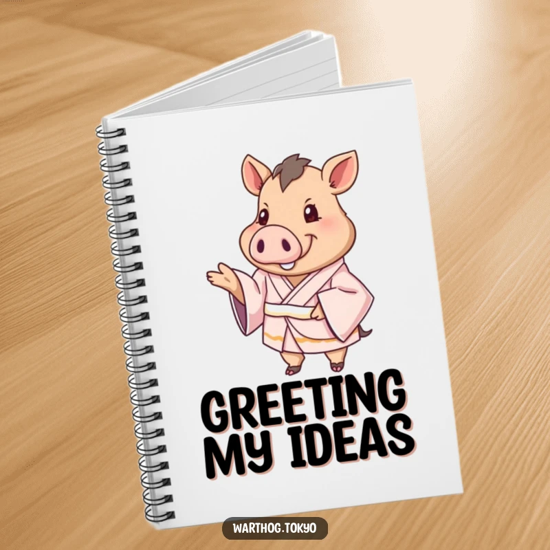 Funny Notebook: Warthog in a silken kimono extending a paw in greeting, ideal for jotting down welcoming thoughts.