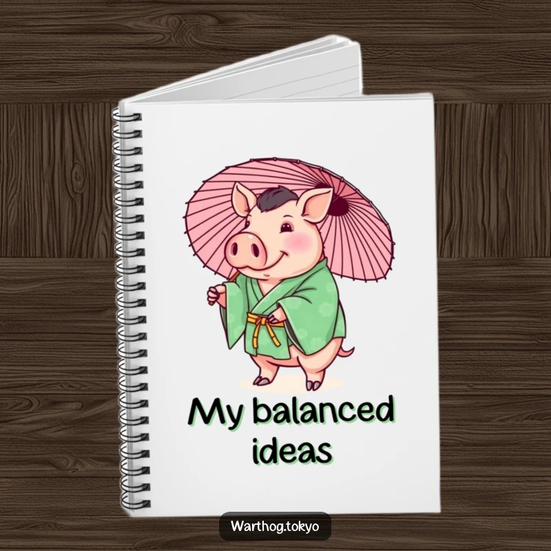 Funny notebook with a plump warthog in a green kimono playfully balancing a parasol, perfect for notes and funny gifts.
