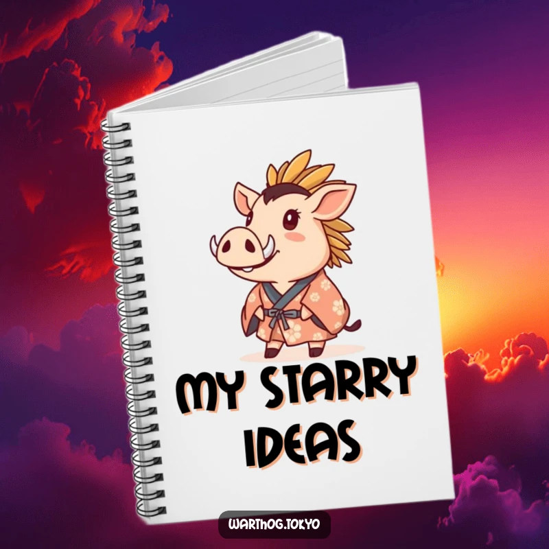 Funny Notebook: Warthog in a crested kimono gazing upwards with wonder, ideal for jotting down creative thoughts.