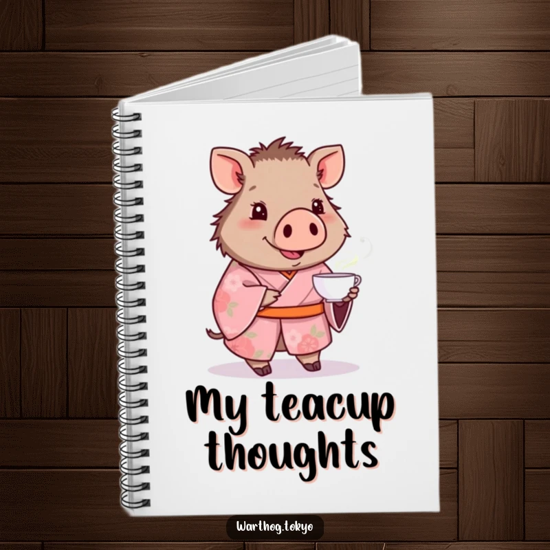 Funny notebook with a warthog in a pink floral kimono offering a teacup, perfect for notes and funny gifts.