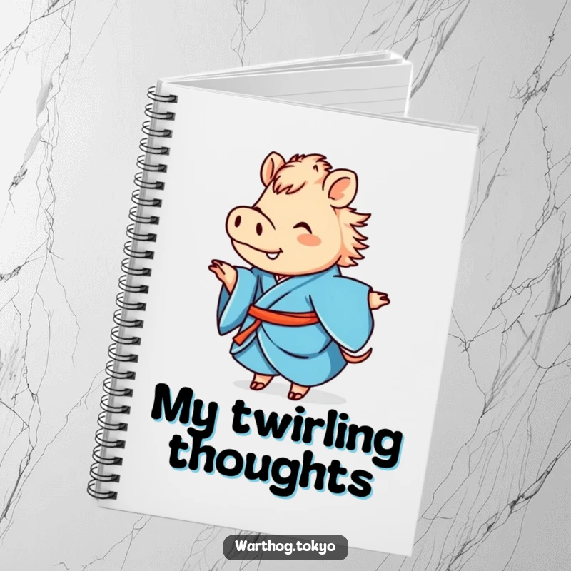 Funny notebook with a cute warthog in a blue kimono joyfully twirling, perfect for notes and funny gifts.
