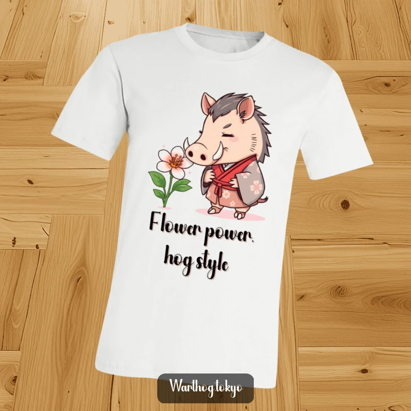 Funny T-Shirt: A warthog dressed in a formal kimono delicately sniffing a vibrant blooming flower, showcasing gentle curiosity.