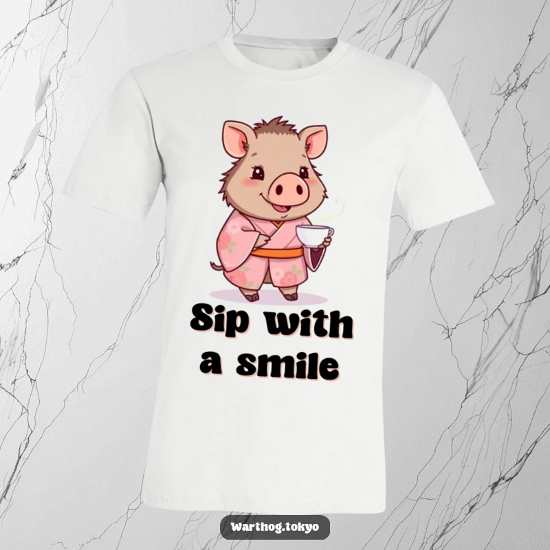 Funny t-shirt with a warthog in a pink floral kimono smiling and offering a teacup, perfect funny gift.