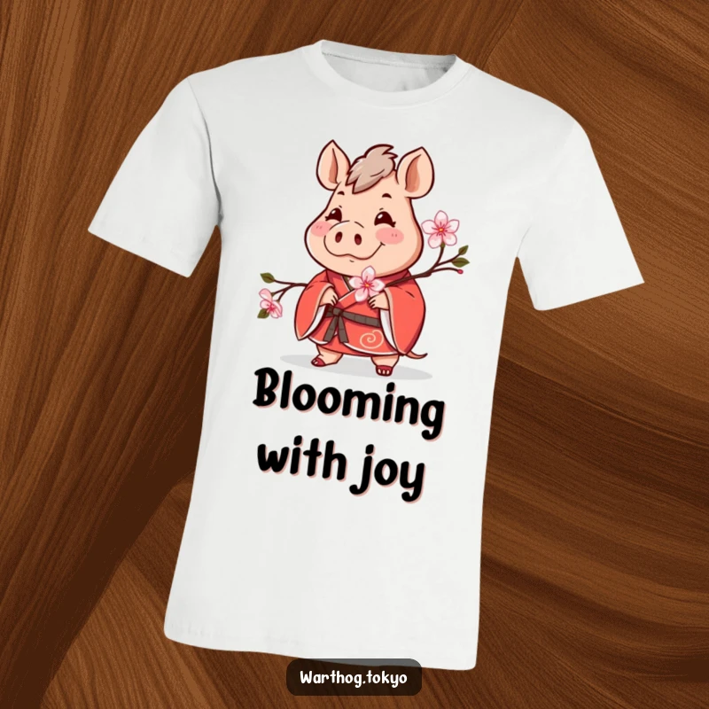 Funny t-shirt with a cheerful warthog in a red kimono holding a blooming cherry blossom, perfect funny gift.