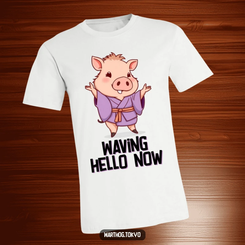 Funny t-shirt with a warthog in a purple kimono posing and giving a gentle wave, perfect funny gift.