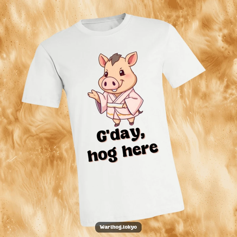 Funny T-Shirt: A warthog wearing a silken kimono, extending its paw in a polite and friendly greeting, inviting connection.