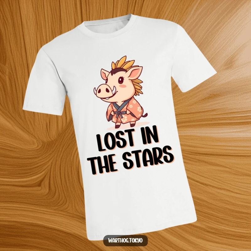 Funny T-Shirt: A warthog adorned in a crested kimono, gazing upwards with wide-eyed wonder and fascination.