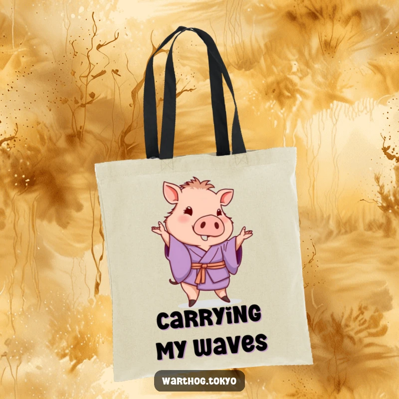 Funny tote bag with a warthog in a purple kimono posing and giving a gentle wave, perfect funny gift.