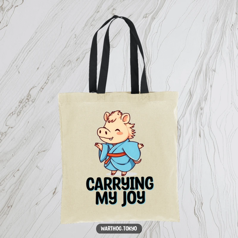 Funny tote bag featuring a cute warthog in a blue kimono, happily twirling, great for a funny gift.