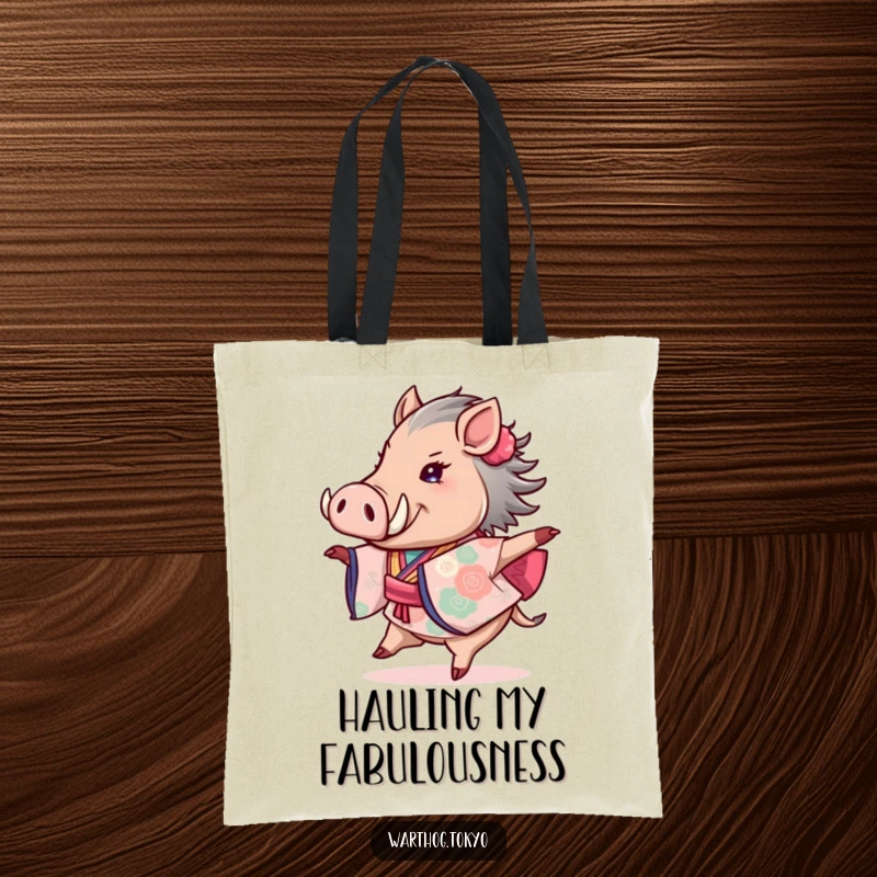 Funny tote bag featuring a warthog in a vibrant kimono, twirling with glee, ready to carry your essentials with personality.